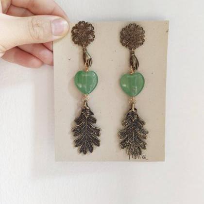Bronze Brass Oak Leaf Dangling Earrings And Heart..