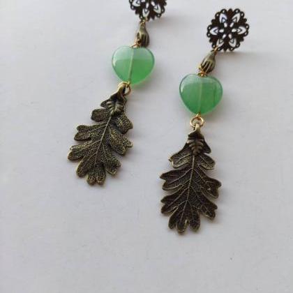 Bronze Brass Oak Leaf Dangling Earrings And Heart..