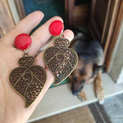 Sacred Heart Earrings In Bronze Brass With..