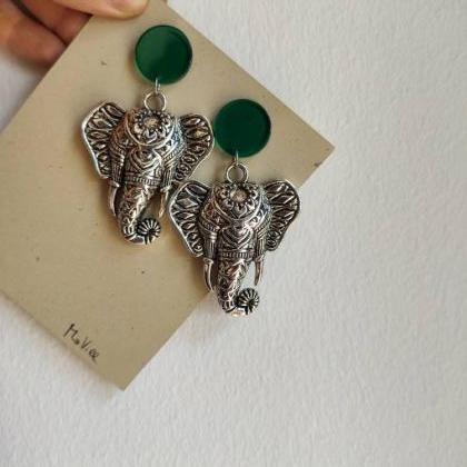 Elephant Earrings Dangling In Silver Brass..