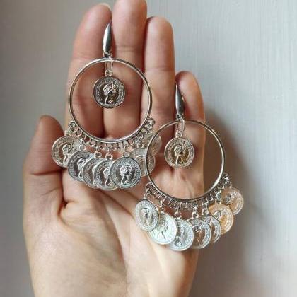 Indian-style Silver Hoop Earrings With Pendants..