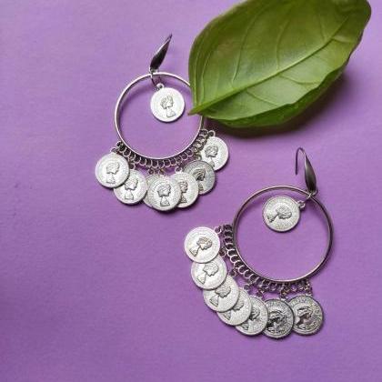 Indian-style Silver Hoop Earrings With Pendants..