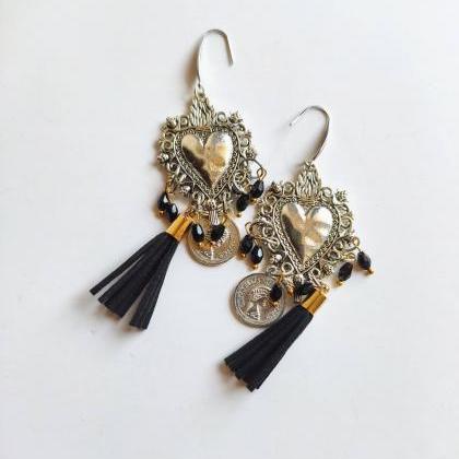 Silver Sacred Heart Earrings In Brass With Black..