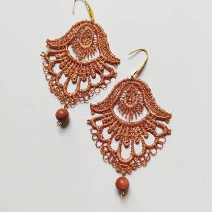 Light Brown-dyed Lace Earrings With Tone-on-tone..
