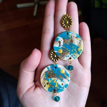 Hand-painted Ceramic Hoop Earrings With Oil Blue..