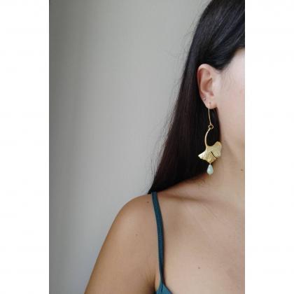 Gold Brass Ginkobiloba Pendant Earrings, Smooth..