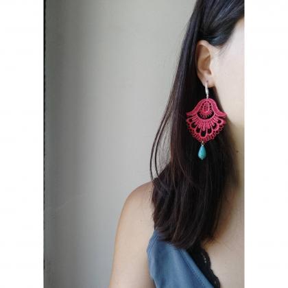 Light Red Lace Earrings Hand-dyed With Turquoise..