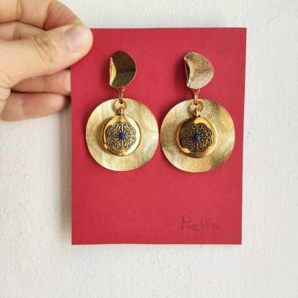 Earrings Golden Hoop In Brass,pendant Medallion..