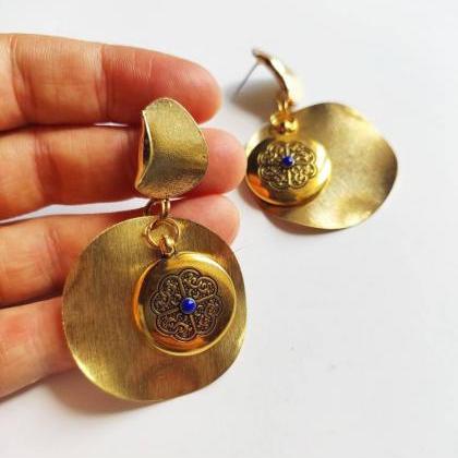 Earrings Golden Hoop In Brass,pendant Medallion..