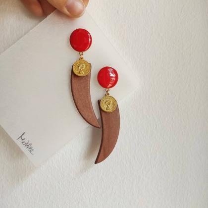 Wooden Croissant And Golden Brass Earrings With..