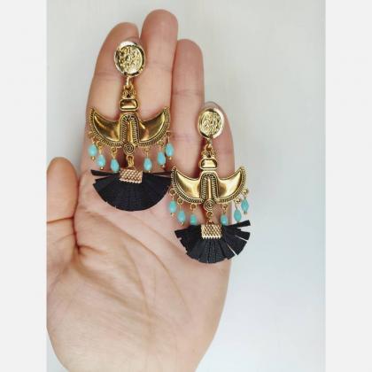 Large Oriental-style Gold Brass Pendant Earrings..