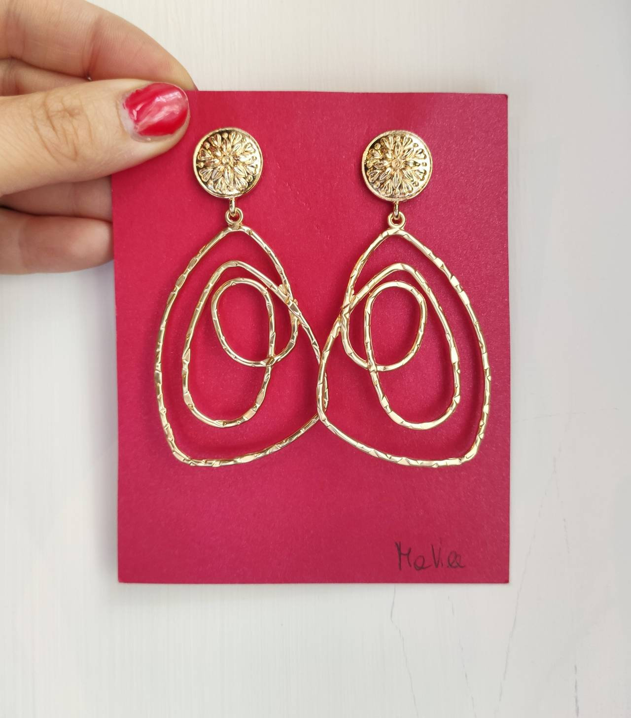 Boho Gipsy Pendant Earrings Large Gold Brass-shaped Tangle Shape With Brass Pin Engraving Arabeggiant Flower,very Light