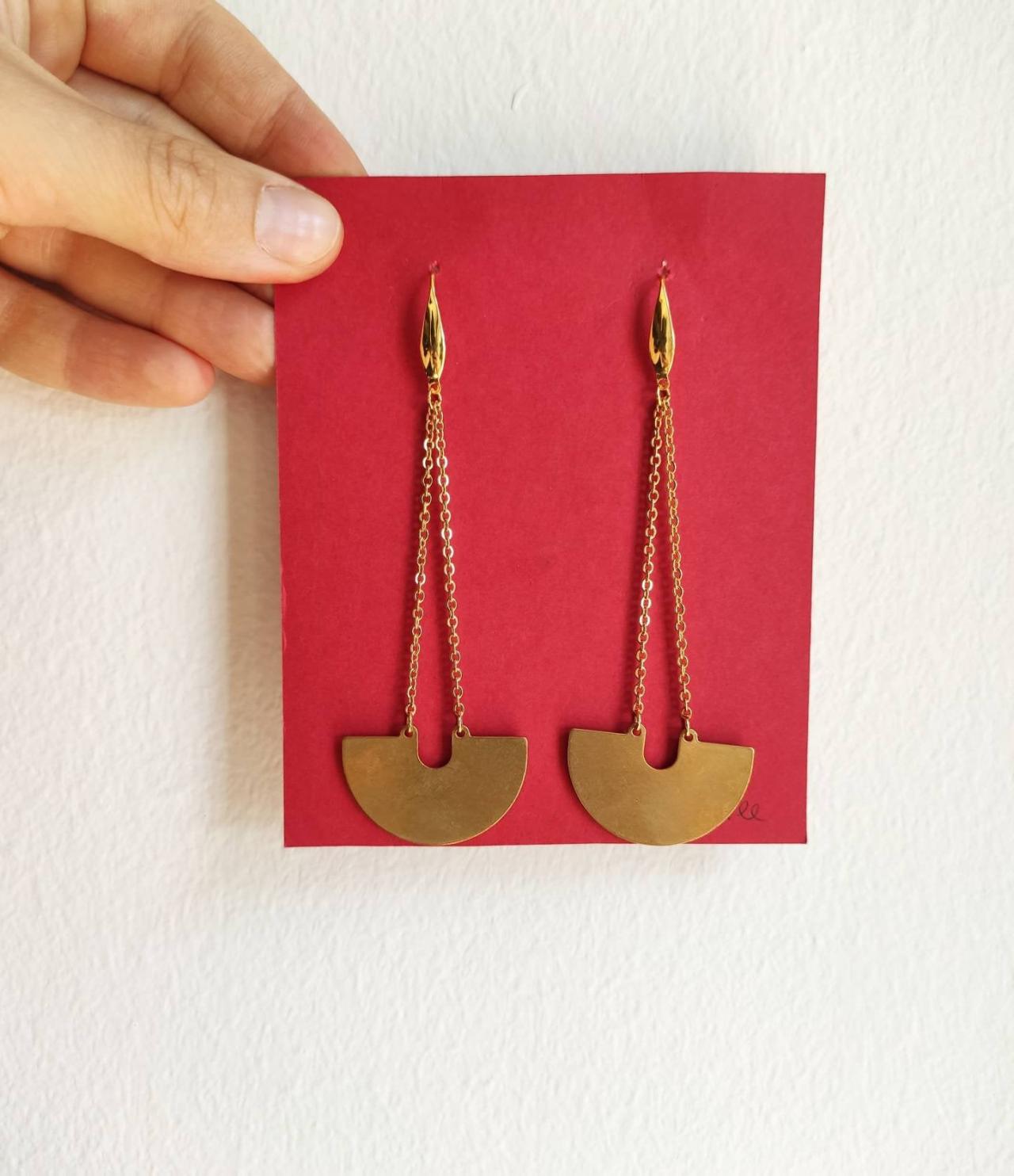 Gold Brass Ethnic Earrings With Soft Steel Chain And Steel Pin