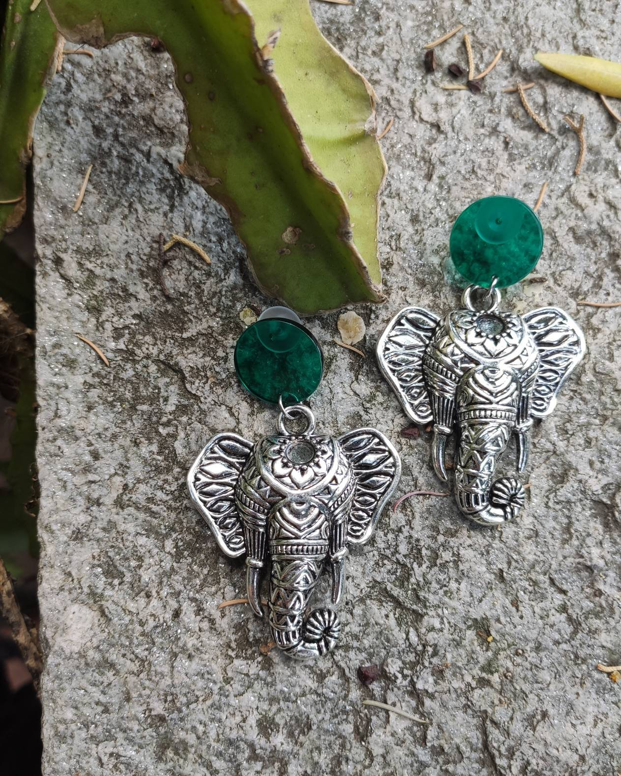 Elephant Earrings Dangling In Silver Brass Oriental Style