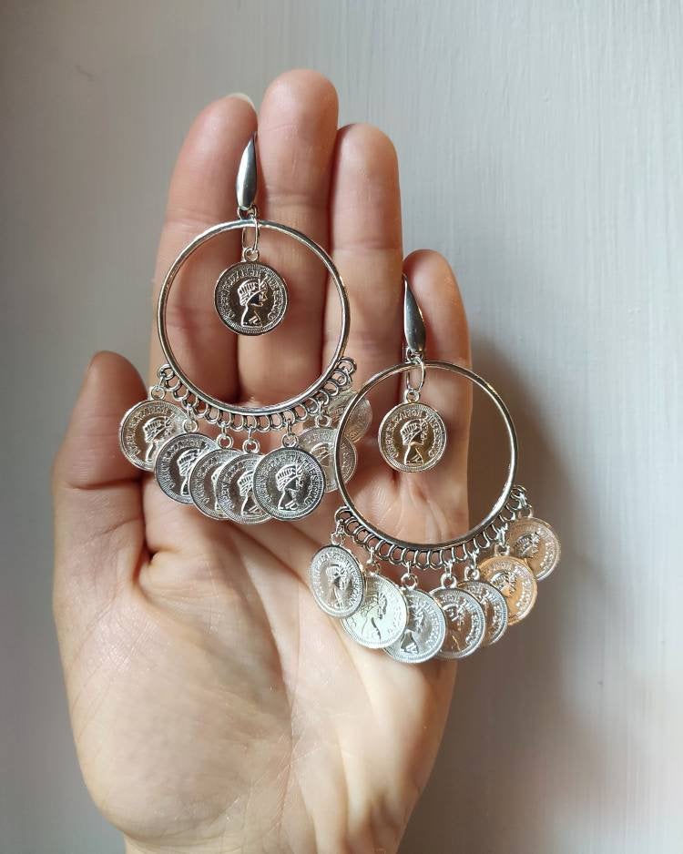 Indian-style Silver Hoop Earrings With Pendants And Lucky Coins And Steel Pin For Allergies