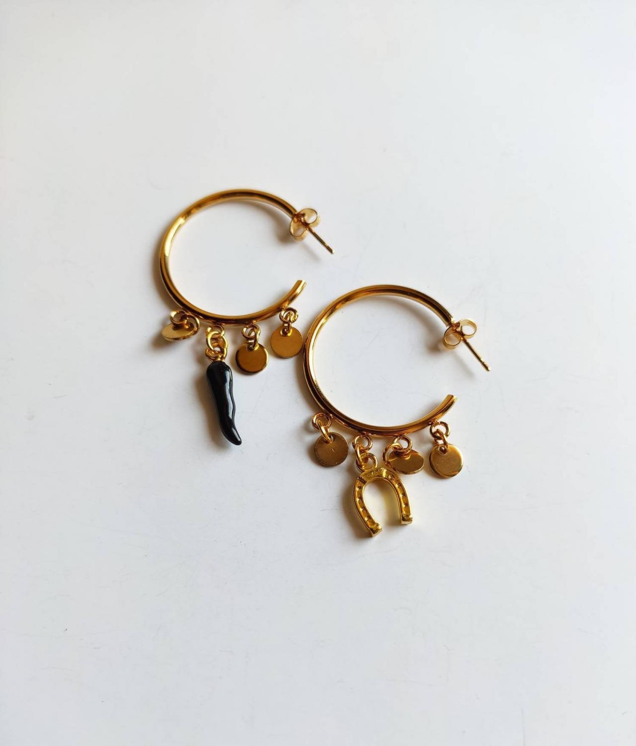 Gold-coloured 3cm Stainless Steel Hoop Earrings With Black Chilli And Lucky Charms