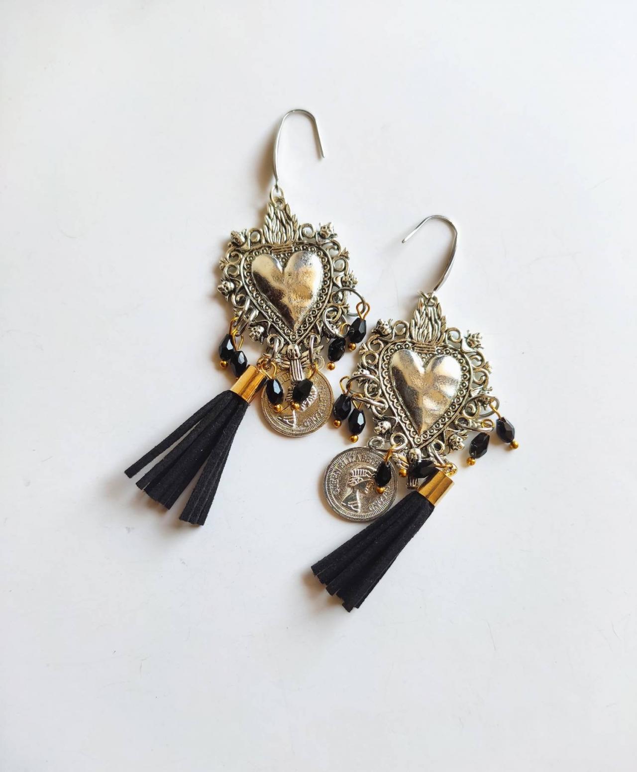 Silver Sacred Heart Earrings In Brass With Black Leather Tassel And Crystalline With Steel Pin