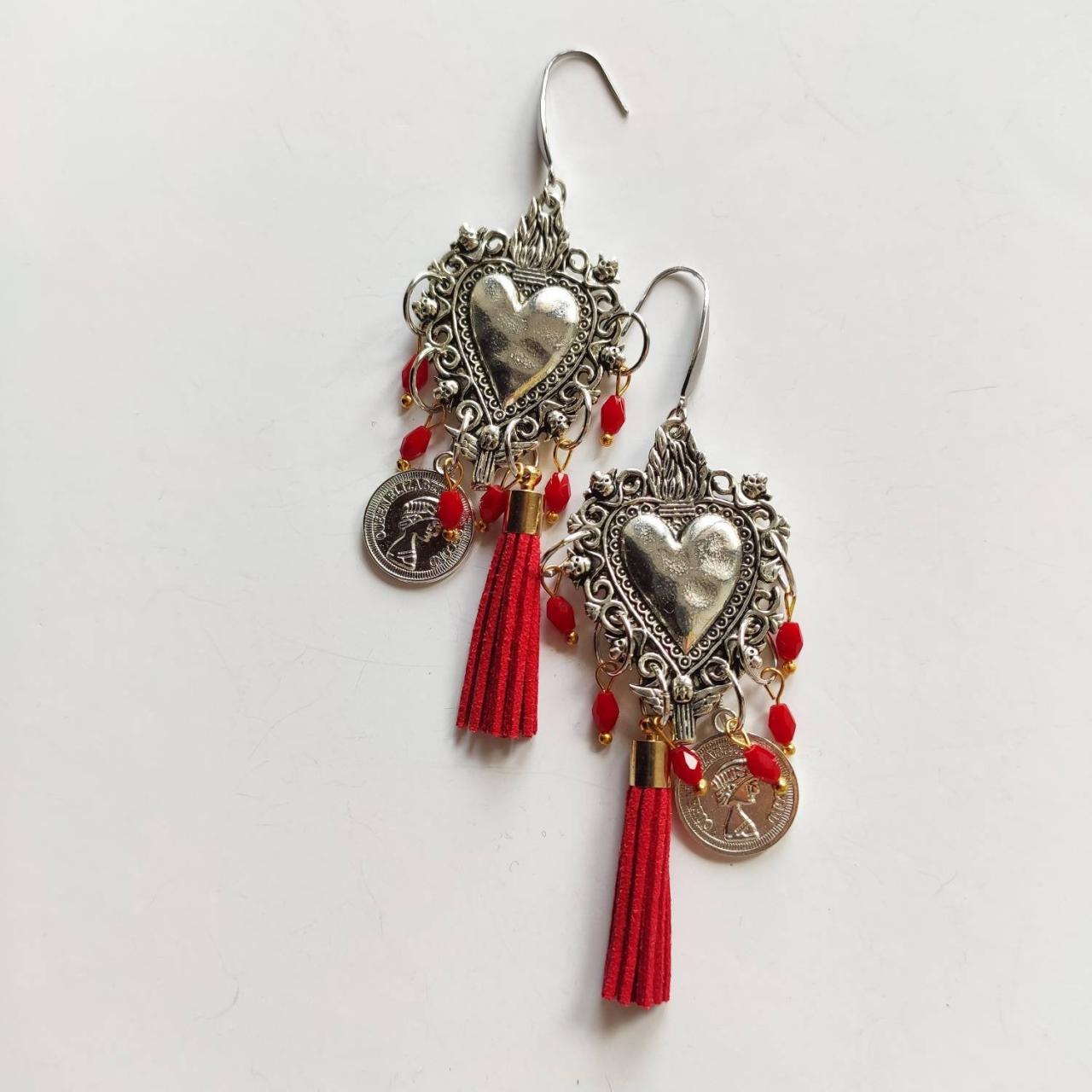 Silver Silver Pearl Earrings Sacred Heart In Brass With Leather Tassel And Red Crystalline (stainless Steel Pin)