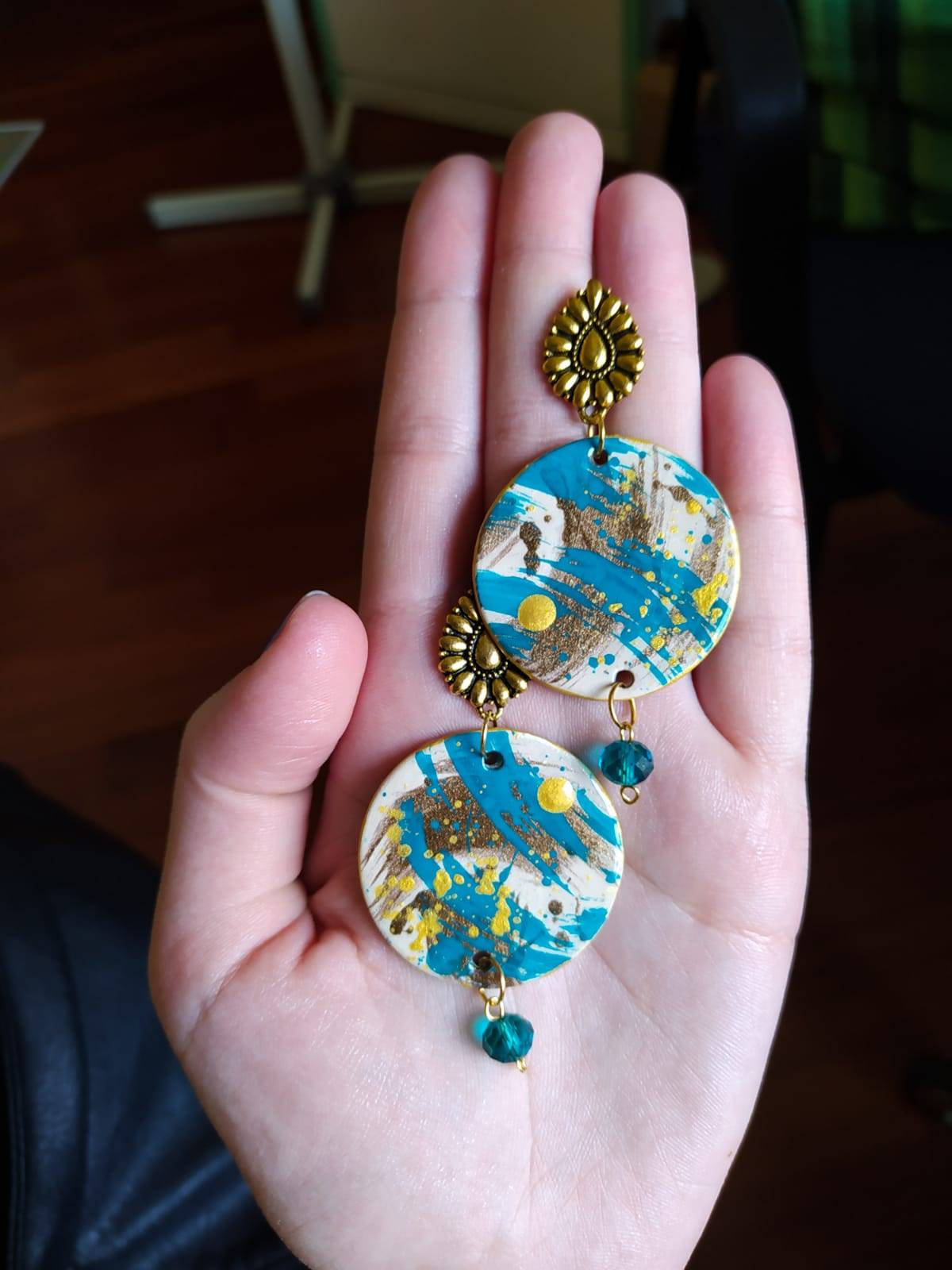 Hand-painted Ceramic Hoop Earrings With Oil Blue Spots, Gold Brass Inserts And Tone-on-tone Bead