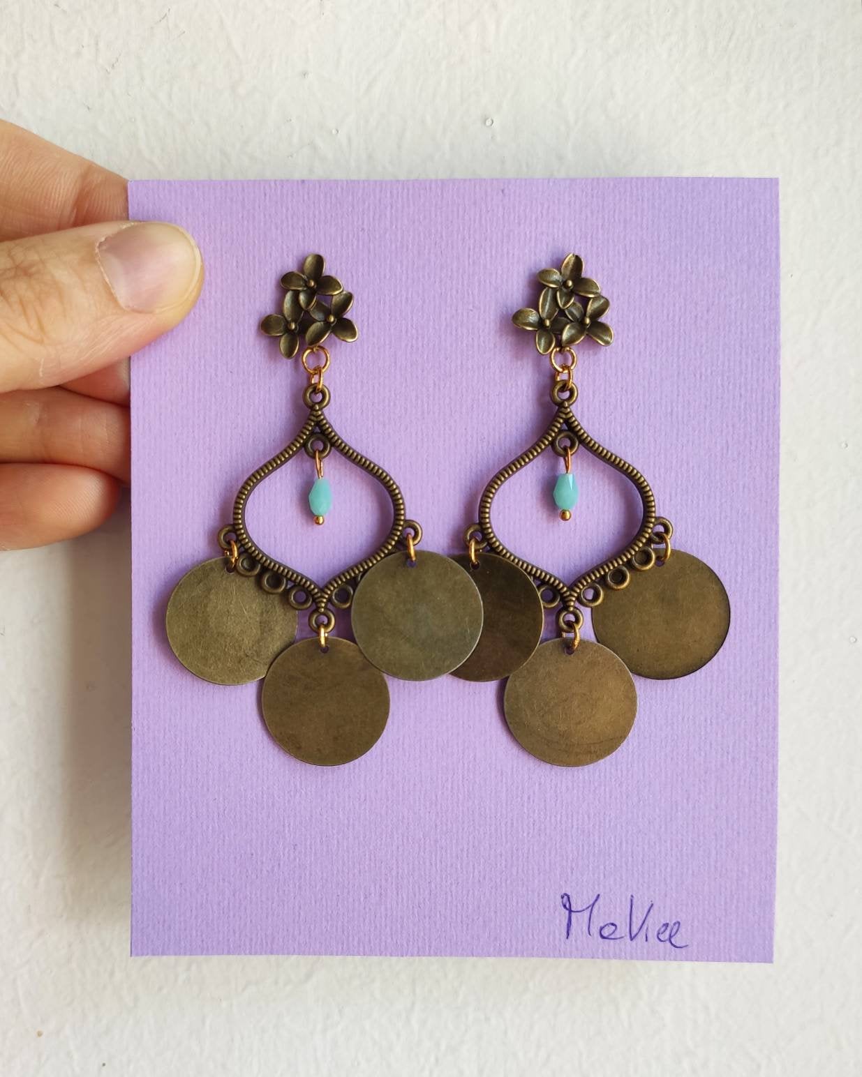 Bronze Brass Pendant Earrings, With A Small, Crystal Blue Flower-shaped Lobe Closure