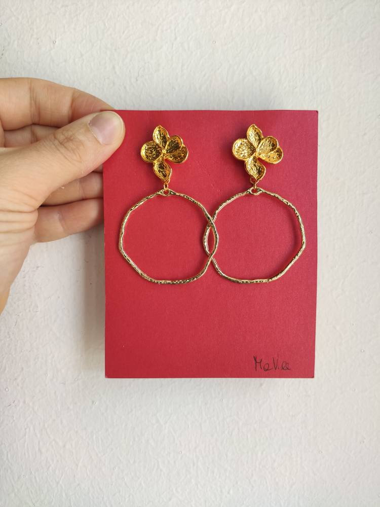 Gold Brass Pendant Earrings, Thin With Flower-shaped Lobe Closure