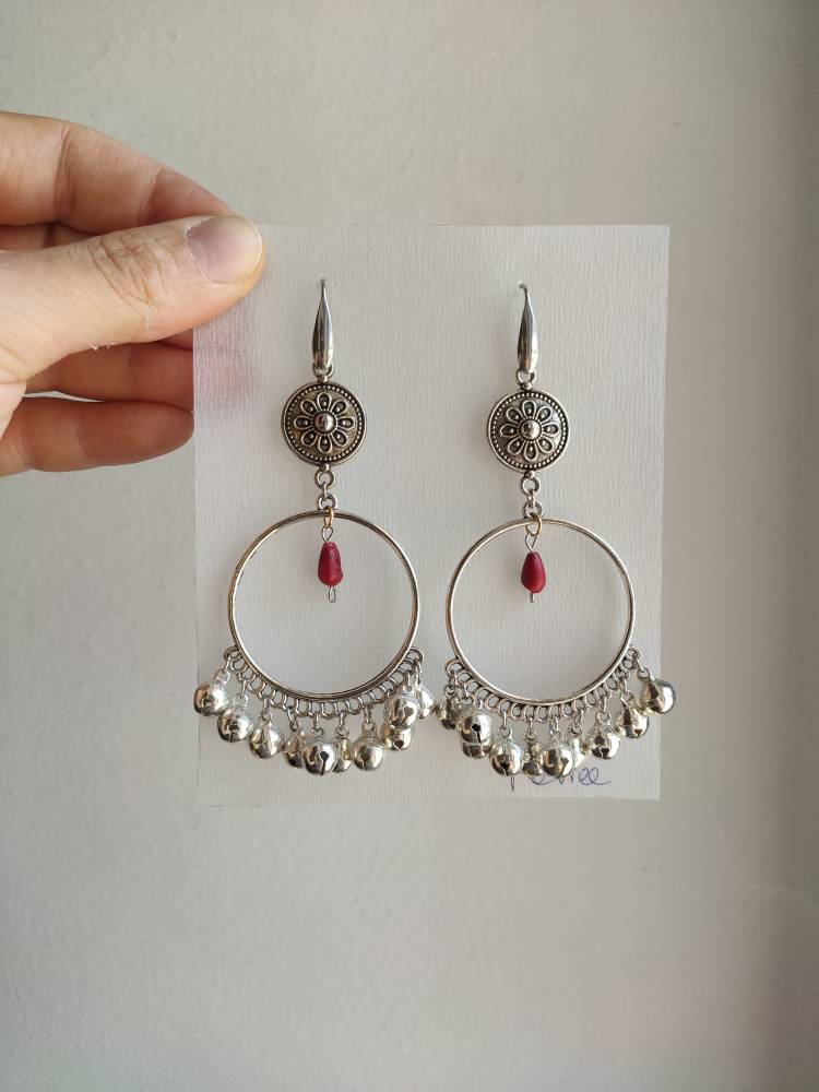 Large Indian-style Hoop Earrings With Pendants And Noisy Bells (stainless Steel Pin)