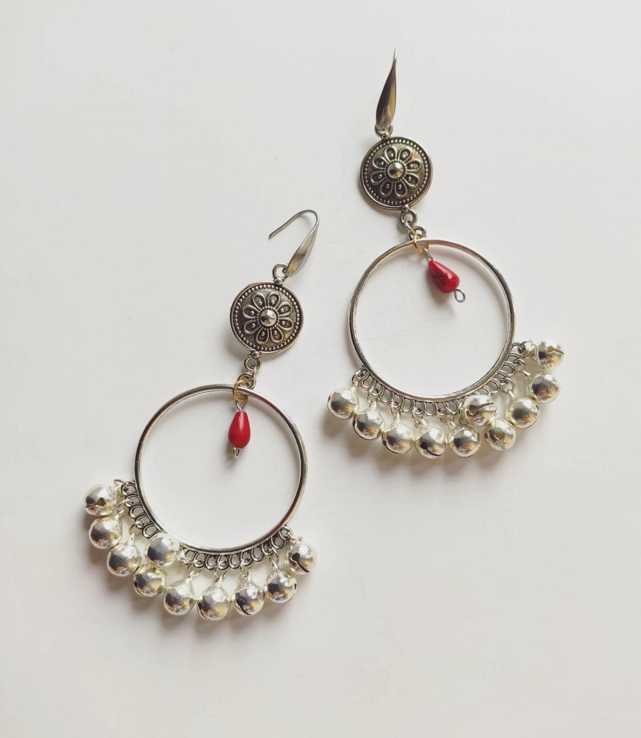 Large Indianstyle Hoop Earrings With Pendants And Noisy Bells