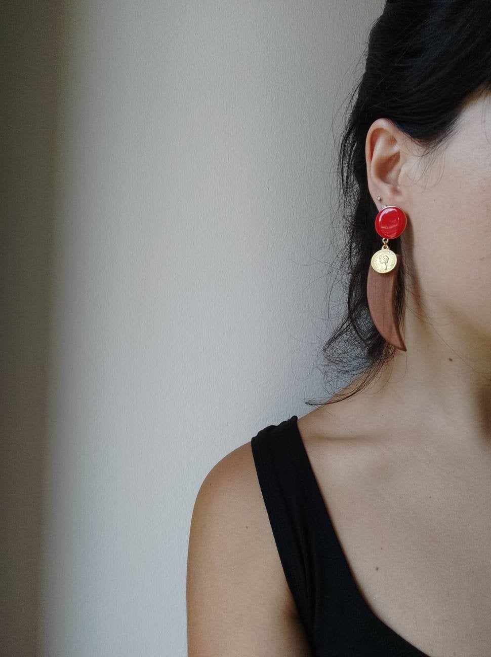 Wooden Croissant And Golden Brass Earrings With Red Enamel Pin And Lucky Coin