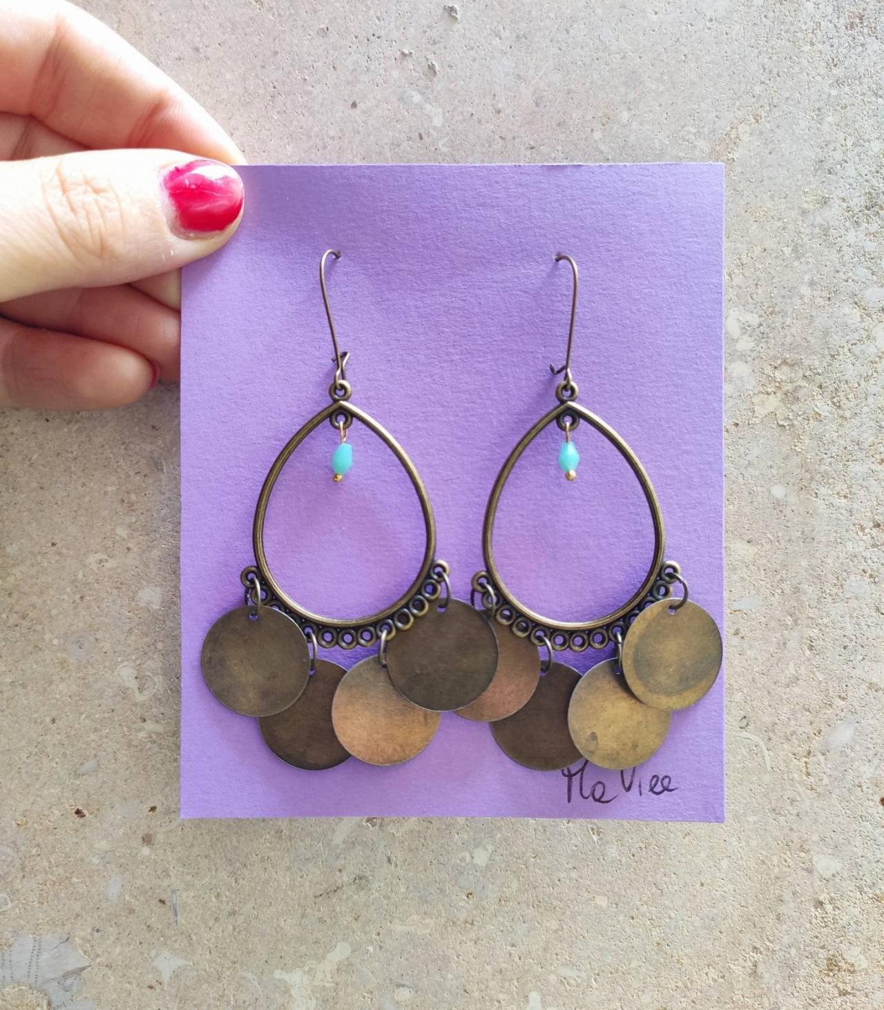 Bronze Brass Pendant Earrings, Very Light, With Dime And Crystal Blue Pendants. Hook Closure