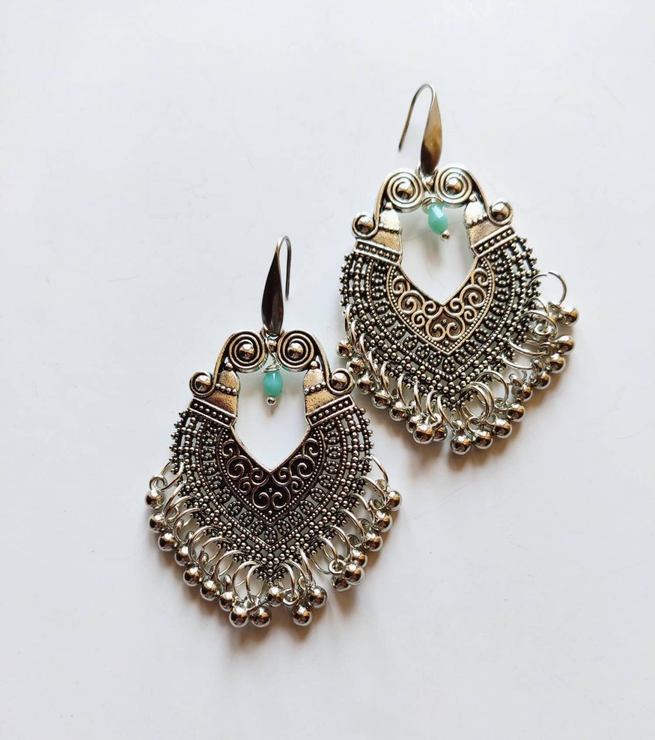 Indian oriental-style dangling earrings in silver brass with steel monachella pin for allergies and crystal clear drip