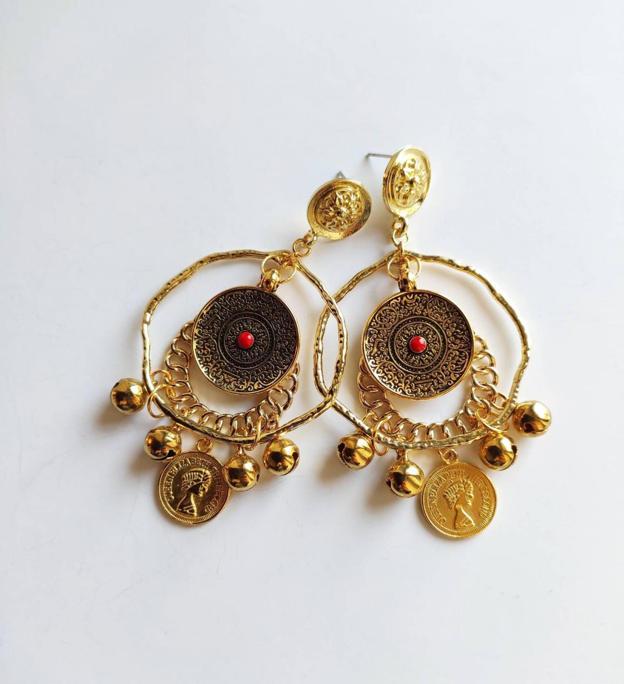 Brass Hoop Earrings With Red Stone Pendant Medallion, Bells And Lucky Mint