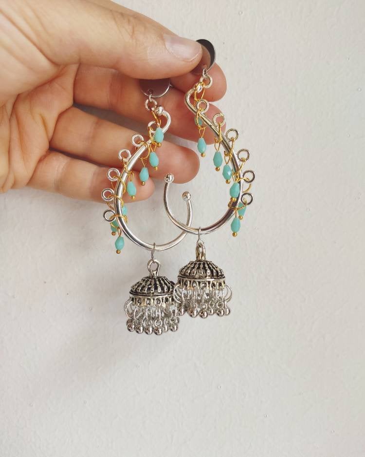 India Chandelier Earrings In Silver Brass With Blue Crystals