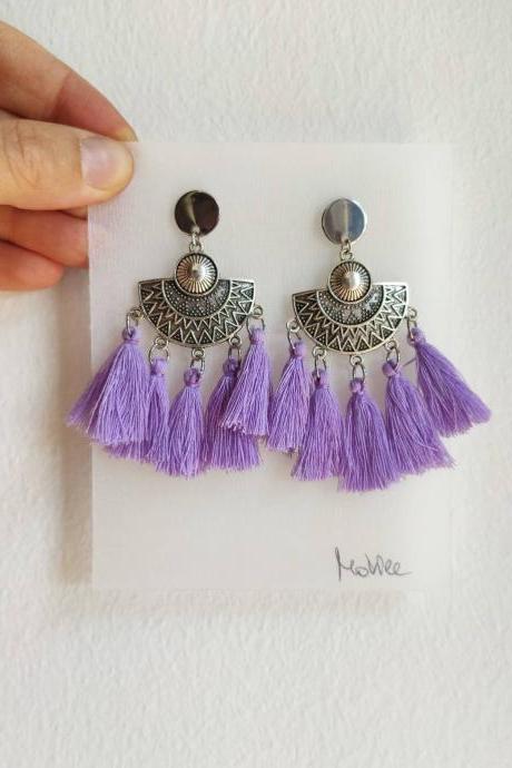 Dangling Earrings With Silver Lilac Tassels In Oriental Brass With Steel Pin
