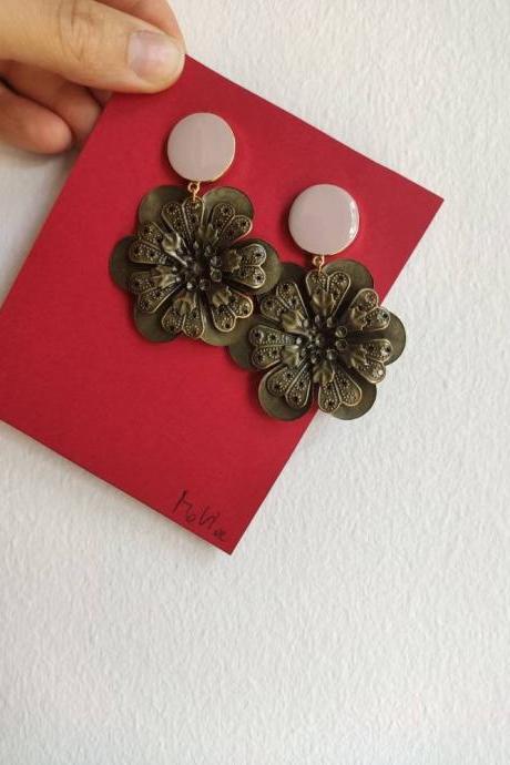 Bronze brass pendant earrings and closure with glazed gold brass pin. Big but very light!