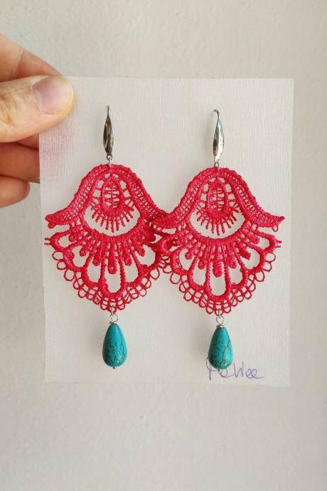 Light Red Lace Earrings Hand-dyed With Turquoise Drop Stone And Silver Steel Monachella