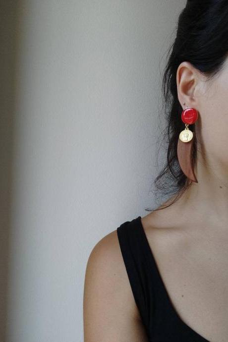 Wooden croissant and golden brass earrings with red enamel pin and lucky coin
