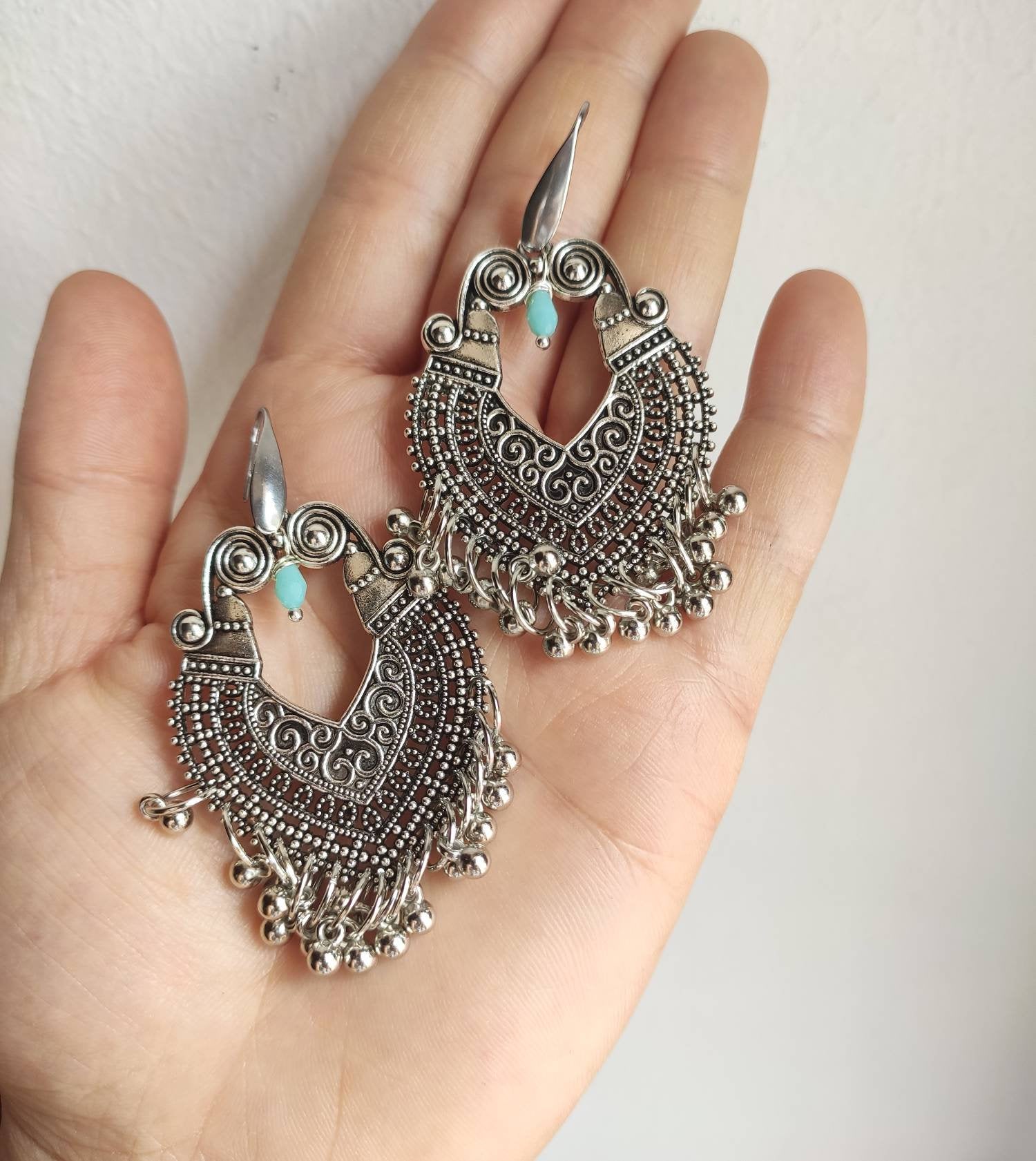 Indian Orientalstyle Dangling Earrings In Silver Brass With Steel